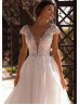 Beaded Ivory Floral Lace Tulle Buttons Back Fairytale Wedding Dress